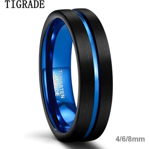 Tigrade Mens Wedding Band 4mm 6mm 8mm Tungsten Rings for Men Women Blue Center Groove Matte Finish Comfort Fit