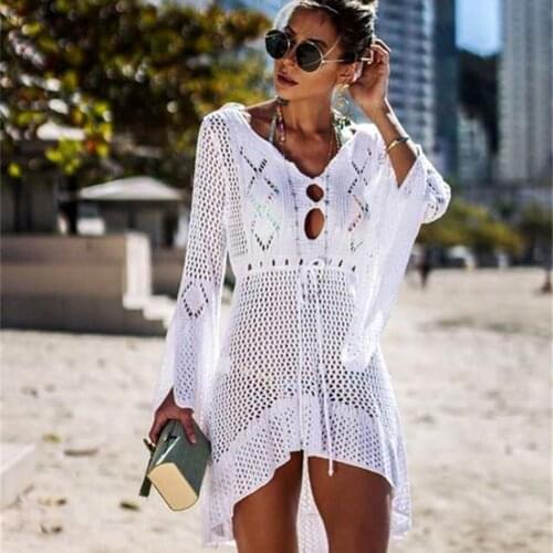 Solid Crochet Knitted Beach Cover up dress Tunic Hollow Out Bell Sleeve Vintage Pareos Bikinis Cover ups Swim Mesh Beachwear