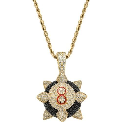Hip Hop Micro Paved Cubic Zirconia Bling Iced Out Meteor Hammer Rivet Black Eight Ball Pendants Necklace for Men Rapper Jewelry