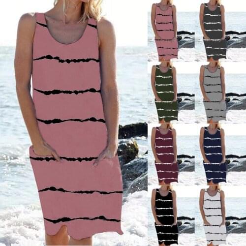 Black White Stripes Printed Loose Simple Comfortable Casual Summer Long Vest Dress O-neck Pocket Sling Straight Womens Dresses