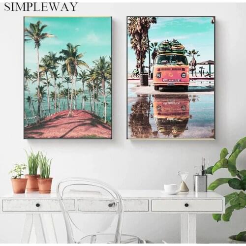 Coastal Beach Bus Seascape Scandinavia Poster Nordic Style Wall Art Canvas Print Painting Decoration Picture Living Room Decor