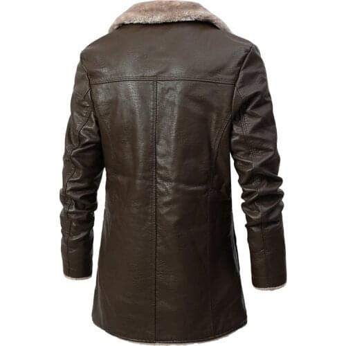 Casual mens clothing pocket-breasted leather jacket coat PU leather jacket mens long section solid color mens streetwear flee