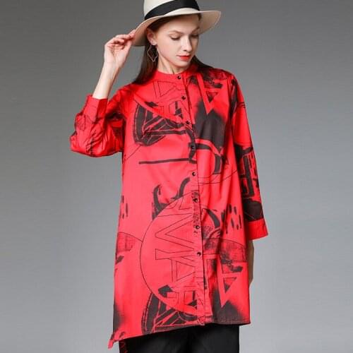 Early autumn new Large size ladies' irregularity show thin pure cotton Print long sleeve shirts womens fashion Elegant shirt