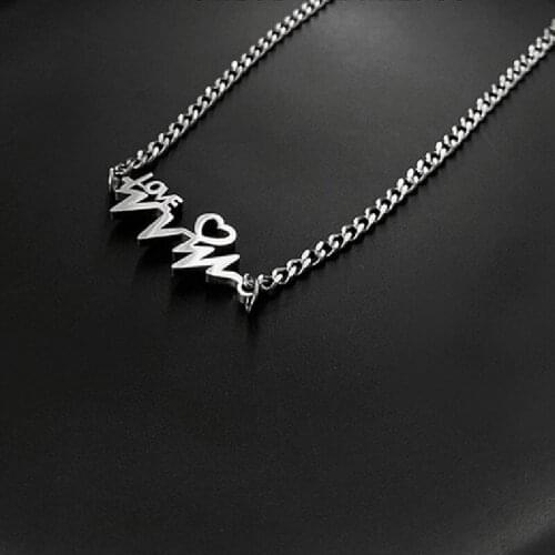 U-Magical Charming Heartbeat Letter Love Wave Pendant Necklace for Women Silver Color Metallic Chunky Chain Necklace Jewelry