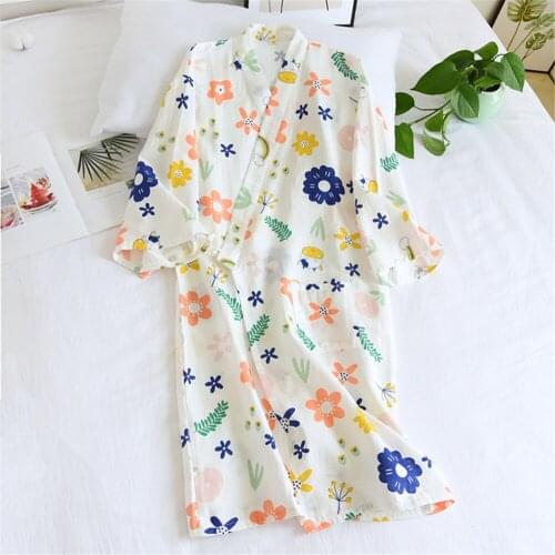 Japanese-style kimono pajamas summer new cotton gauze nightgown bathrobe ladies soft loose homewear long lace-up pajamas women