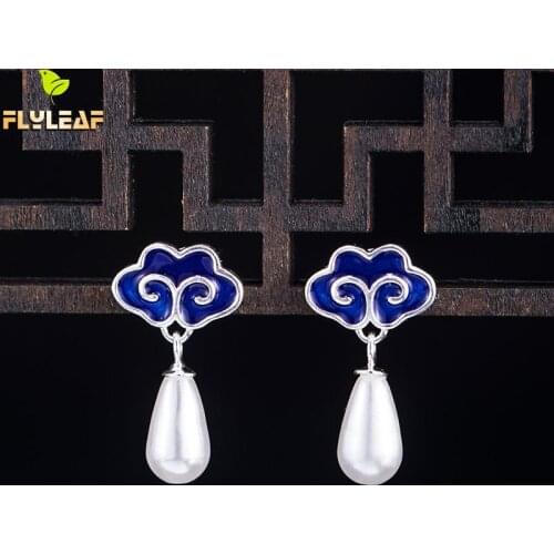 925 Sterling Silver Enamel Cloud Pearl Stud Earrings For Women Ethnic Retro Style Lady Party Fine Jewelry Flyleaf New Arrival