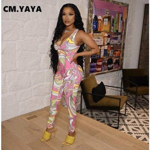 CM.YAYA Women Jumpsuit Print Sleeveless Backe Zipper Stretchy Bodycon Jumpsuits Casual One Piece Overalls Summer Outfits 2021