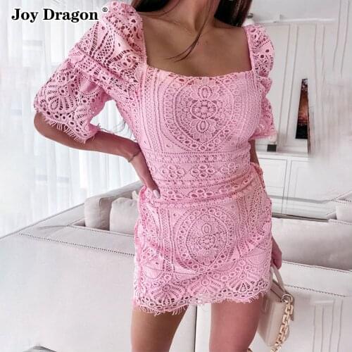 Mini Bodycon Sexy Solid Color Summer Woman Dress Casual 2021 Party Lace Hollow Pink Tassel Short Sleeve Pullover Spring Clothing