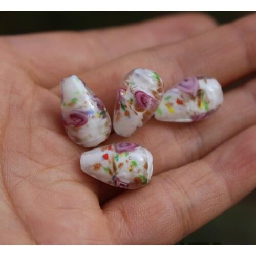 20Pieces/Lot 9mm*16mm Drop Shape Lampwork Glass Beads Flower With Inner Colorful Pieces White Purple Color for jewelry making