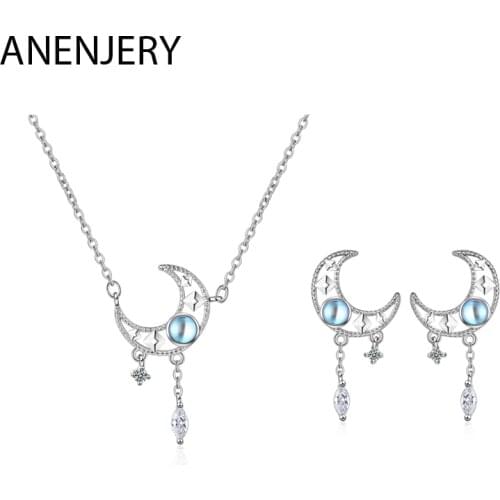 ANENJERY 925 Sterling Silver Elegant Crescent Moon Zircon Jewelry Set Moonstone Tassel Pendant Necklace Earring Jewelry Set