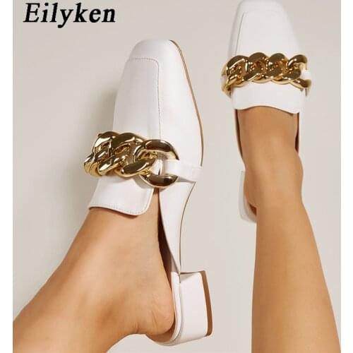 Eilyken Fashion Design Slip On Outside Mules Slippers Chain British Sandals Square Toe Low Heels Sliders Shoes Women Pumps