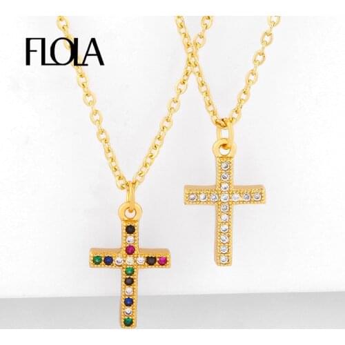FLOLA Rainbow Cross Necklaces For Women Gold Filled Crystal Necklaces Pendant Multicolor CZ Zirconia Christian Jewelry nkeq43