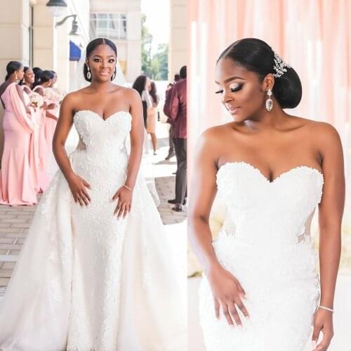KapokDressy Beaded Lace Wedding Dresses Detachable Train Sweet Heart Applique Ivory Plus Size African Mermaid Bridal Gowns 2021