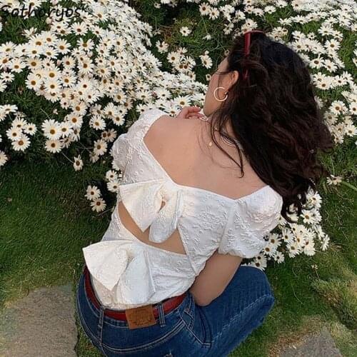 Summer White Jacquard Blouses Women Elegant Slim Square Collar Backless Bow Bandage Romantic Blouse Puff Sleeve Retro Sexy Chic