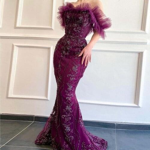 Purple Elegant Evening Dress Tulle A-Line Floor Length Mermaid Dress Applique Strapless Formal Prom Dress Plus Size Custom Made
