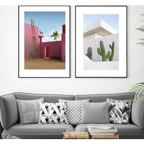Minimalist Cactus Building Poster Surrealism Pink Canvas Painting Nordic Art Print Modern Wall Picture Living Room Home Decor