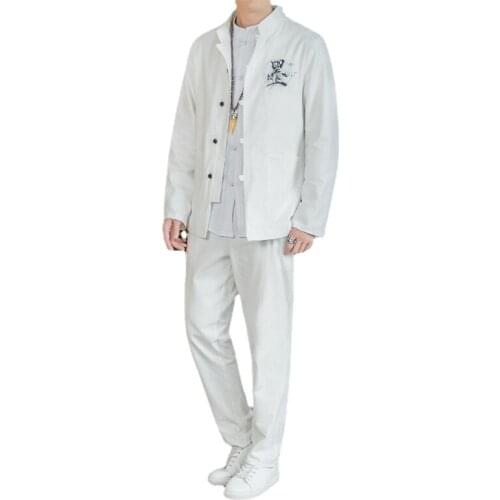 2021 Spring Autumn New Cotton Men Casual 2piece Set Black Gray White Classic Chinese Style Embroidery Blazers and Lace-up Pants