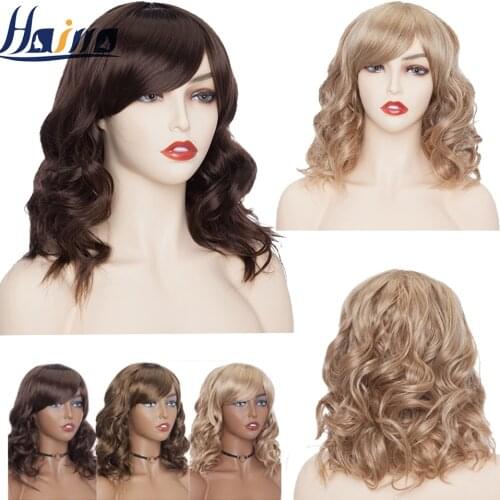 SNOILITE 14inch Bob Wig With Bangs Synthetic Short Wavy Bob Hair Wigs For Women Heat Resistant Brown Pink Red Ombre Cosplay Wigs