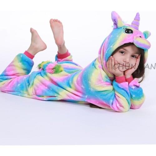 Children Flannel Cartoon Pijamas Boys Animal Unicorn Pajama Toddler Girls Animal Unicorn Jumpsuits For 4-12Years Kids