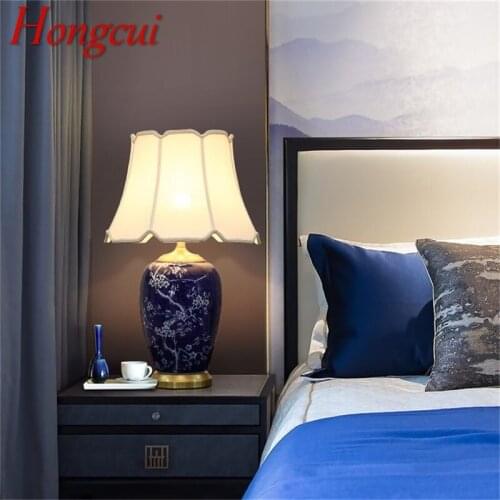 Hongcui Blue Ceramic Table Lamps Brass Modern Luxury Fabric Desk Light Home Decorative for Living Room Dining Room Bedroom