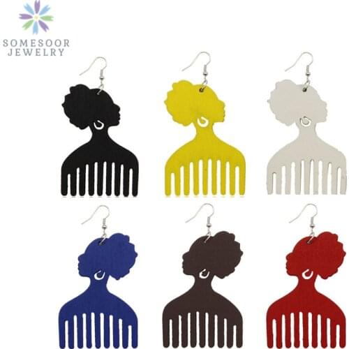 SOMESOOR Print Afro Woman Comb Wooden Drop Earrings African Ethinc Tribal Headwrap Design Bohemian Dangle Jewelry For Women Gift