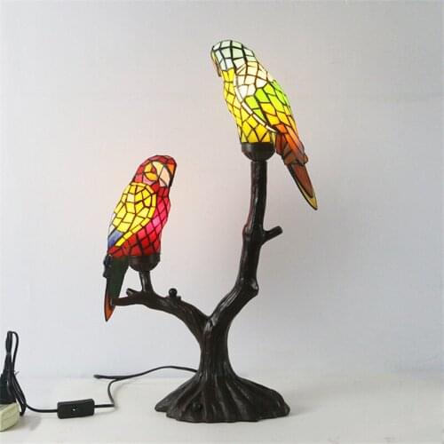 Tiffany Style Table Lamps Glass Parrot For Bedroom Living Room Decoration Table Light Study Desk Lamp Home Art Decor Night Light