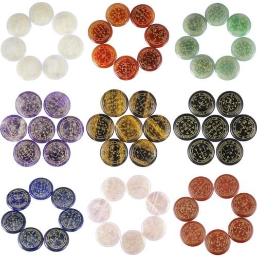 TUMBEELLUWA Healing Crystal Polished Engraved Round Palm Worry Stone Reiki Symbol The Seven Archangels,Set of 7