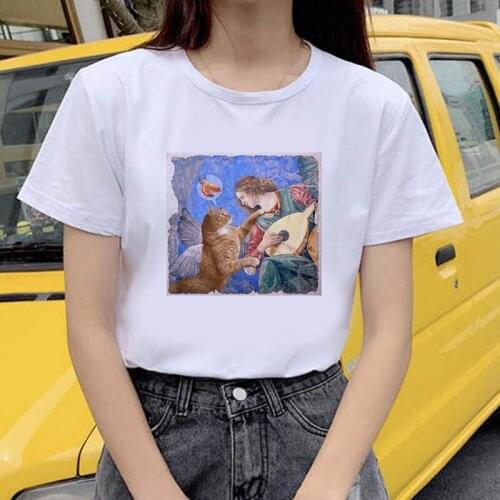 Womens T-shirt Kawaii cat oil painting print T-shirt basic O-neck short-sleeved ladies white graphic girl T-shirt Fashion Tee