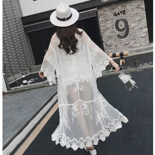 Boho Women Chiffon Kimonos Summer 2020 White Print Long Beach Kimono Mujer Lace Up Cardigan Tops Cover Up Wrap Sun Blouse