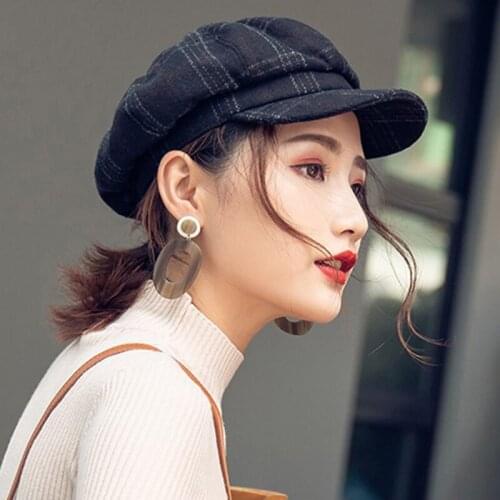 Winter Beret Women Fashion Cap British Style Beret Plaid Woolen Octagonal Hat Outdoor Vintage Print Painter Hat