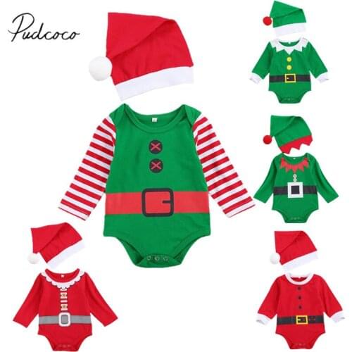 2 Pcs Newborn Christmas Outfits, Long Sleeve Round Neck Print Romper + Pompom Cap Santa Clothes