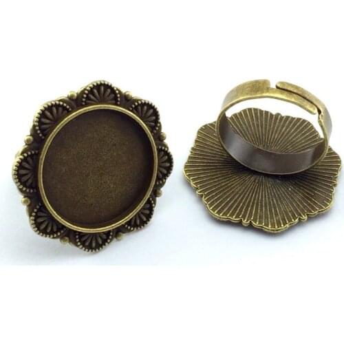 20mm 5pcs Ring Setting Antique Bronze Copper Plated Adjustable Round Glass Cabochon Blank Base Supplies for Jewelry F55