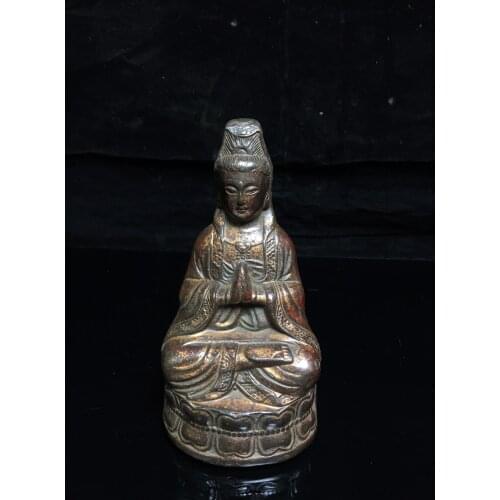 5" Tibet Buddhism Old Bronze Cinnabars Guanyin Bodhisattva Statue Avalokitesvara Enshrine the Buddha Hall