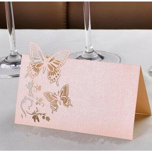 50pcs/lot Butterfly Table Cards Laser Cut PEARL Paper Pink Seat Cards For Wedding Party Favors Decoration Name Place Cards