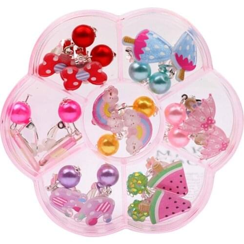 7 Pairs Mix In Box Lovely Childrens Baby Girl Clip On Earrings Kids Ear Clip No Pierced Party Cute Jewelry Gifts