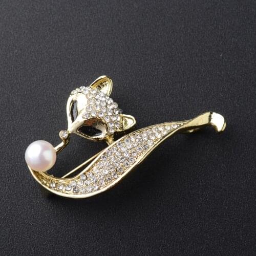 High Quality New Fox Animal Pearl Brooch Pin Zircon Clear Crystal Gifts