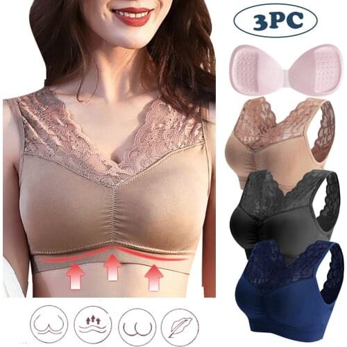 3PC Elastic Gathering Bralette Push Up Bra Women Lace Wide Shoulder Straps Detachable Cup Bottom Vest Bra And Underwear