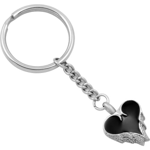 IJK2032 Black Enamel Heart Urn With Angel Wings 316L Stainless Steel Men Keepsake Keyring Cremation Keychain for Pet Ashes