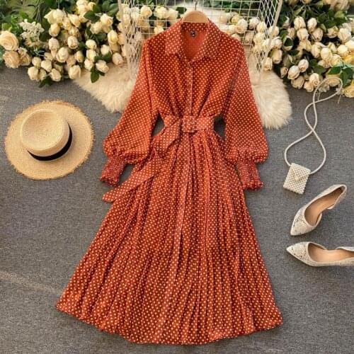 Polka Dot Print Office Women Dress 2021 Spring Vintage Sashes A-Line Chiffon Dress Ladies Long sleeve Midi Dress Party Vestidos