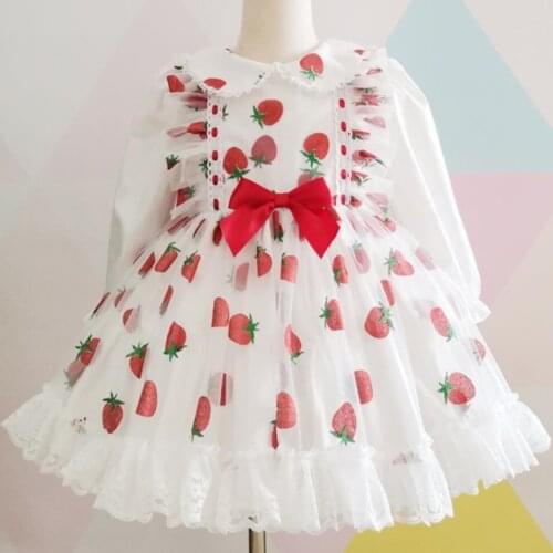 2020 autumn Spanish strawberry pattern lolita princecss dress kids mesh stitching bow ball gown dress