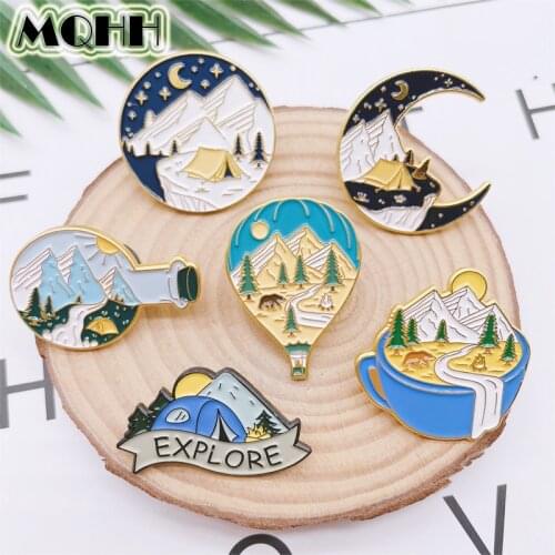 Creative Outdoor Scenery Mountain Peak Woods River Tent Enamel Pins Sun Moon Cup Bottle Hot Air Balloon Alloy Brooch Jewelry