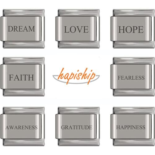 Hapiship Original Daisy Love Faith Hope Dream Letter Charm Fit 9mm Width Bracelet Stainless Steel Jewelry DIY Making DJ02