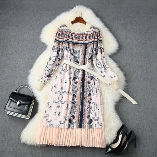 And American womens European clothing 2021 autumn new style Long sleeve lantern sleeve Print pleated fashion pink dress