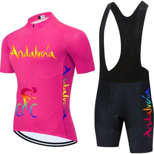 PINK 2021 Pro Team Andalucia Cycling Sets Mens Summer Breathable Cycling Clothing Short Sleeve Jersey Sets 20D Gel Pad Shorts
