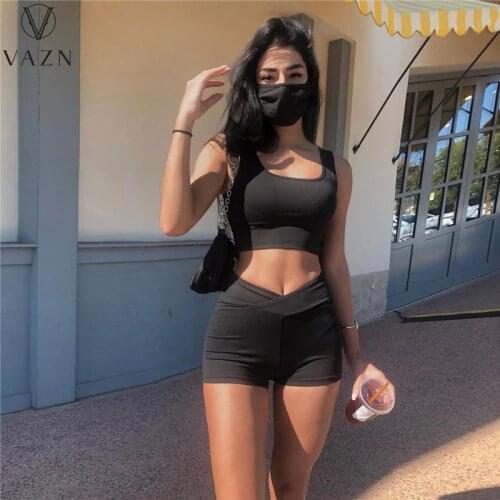 VAZN 2021 Summer Black Sexy Soft Simple Tracksuits Young Tank Sleeve Short Pants Skinny Women 2 Piece Set