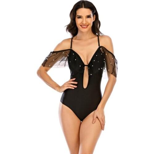 Fashion Summer Women Bikini Sexy Spot Printing Swimsuit Classic Mesh Sleeve Sling Bodysuit Low Collar High Waist Beachwear