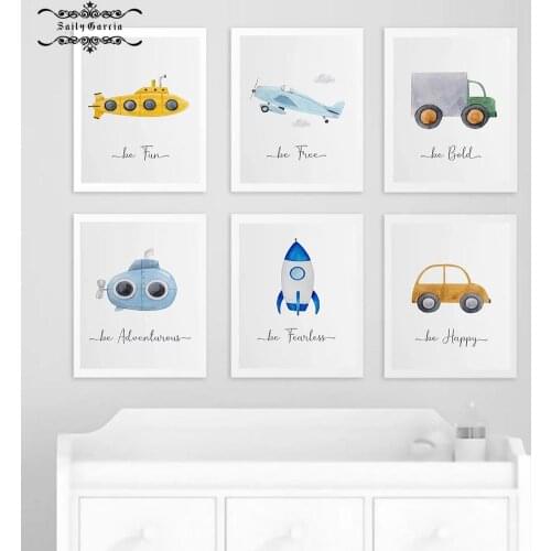 Cartoon Car Truck Airplane Jeep Rocket Submarine Simple Poster Inspiring Quote Canvas Painting Nursery Wall Art Pictures Decor