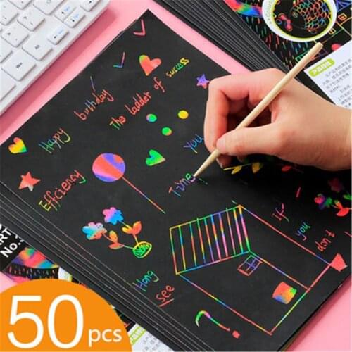 Scratch Art Set, 50 Piece Rainbow Magic Scratch Paper for Kids Black Scratch Off Art Notes Boards with 5 Wooden Stylus f