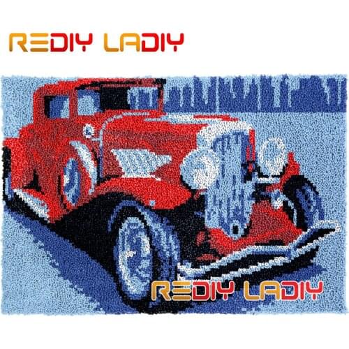 Latch Hook Rug Kits Red Retro Car Plush Wall Hanging DIY Carpet Rug Chunky Yarn Arts Cushion Crocheted Floor Mat Hobby & Crafts