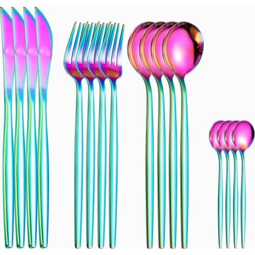 16pcs Cutlery Set Stainless Steel Dinnerware Rainbow Fork Knife Set Soup Spoon Tea Spoon Mirror Flatware Tableware Dropshipping